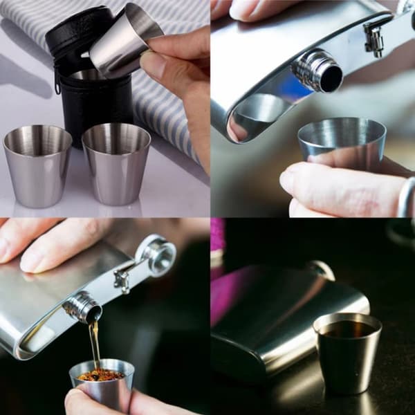 Rostfritt stål Shot Glas Snaps Glas Set 4 ST med Fodral för camping / picknick Silver