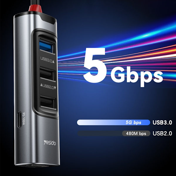 USB + USB-C keskitinsovitinmuunnin USB 3.0 + 3xUSB 2.0 + PD 100W Black