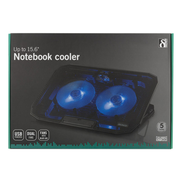 DELTACO 15,6" Laptop Cooler, 2x120mm fans with blue LED lights Black