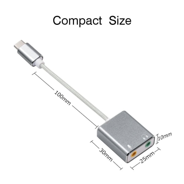 USB-C-äänisovitin Ulkoinen stereoäänikorttisovitin 3,5 metrillä Silver