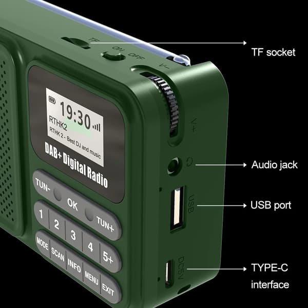Solcelledrevet genopladelig DAB/FM-radio understøtter Bluetooth-forbindelse Green