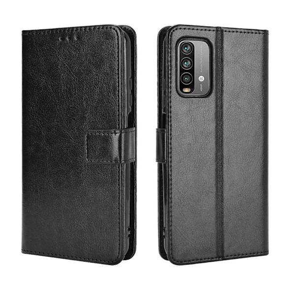 Xiaomi Redmi 9T Lommebok Crazy Horse Tekstur Stativ Skall med Stropp Black