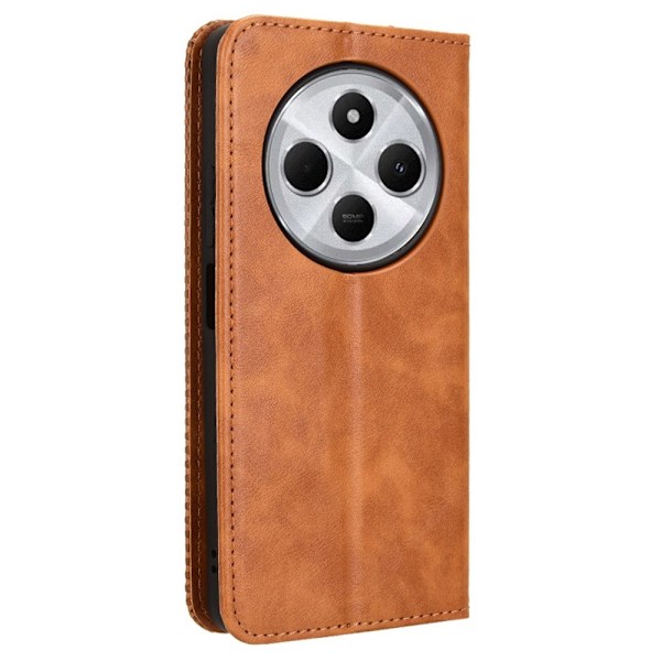 Etui med lommebok og stativ for Xiaomi Redmi 14C, Retro-design Brown