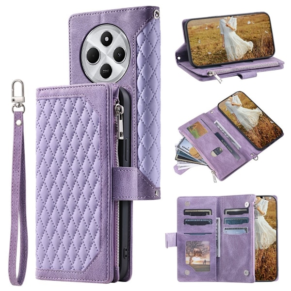 Til Xiaomi Redmi 14C Zipper Wallet Case Rhombus Telefoncover Purple