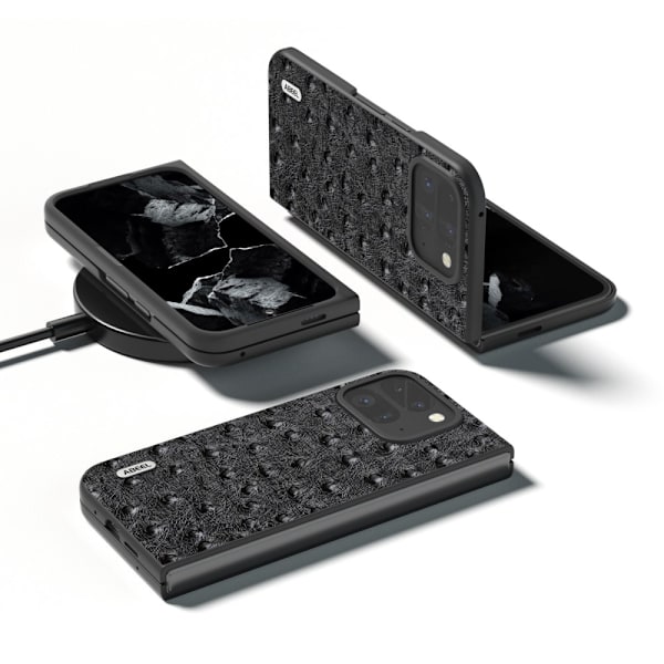ABEEL til Google Pixel 9 Pro Fold 5G Etui Ægte Læder + PC Mobilcover med Strudsetekstur - Sort Black
