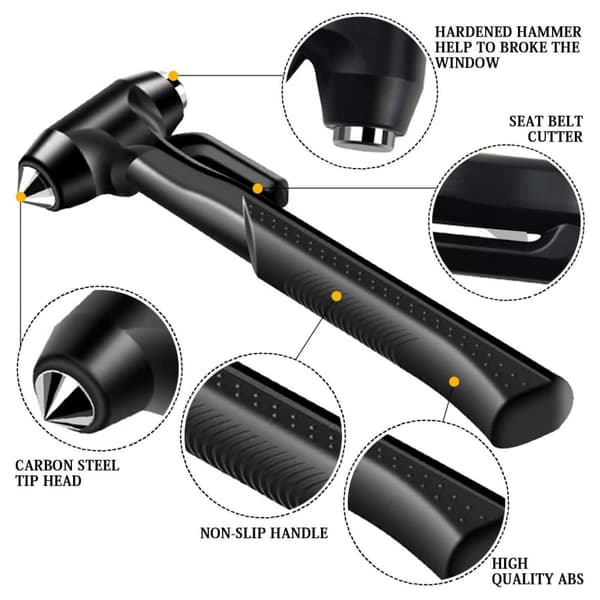 Bilhammer Vindusknuser Emergency Hammer Belte Kniv Langt Håndtak - Svart Black