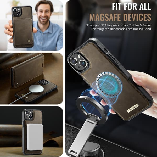 CASEME Til iPhone 15 Lommebokdeksel Magnetisk Avtakbar RFID Beskyttelse - Coffee Brown
