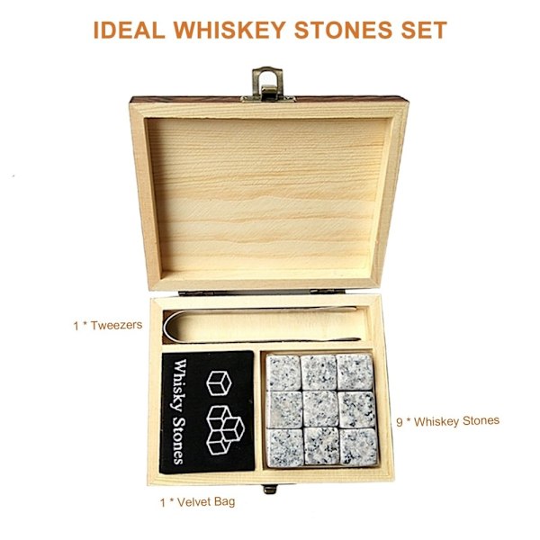 9 ST Whiskystenar Set Trälåda Chilling Rocks Återanvändbara isbitar grå