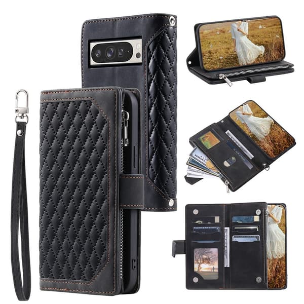 För Google Pixel 10 Pro XL Zipper Wallet Case Rhombus Telefonfodral Svart