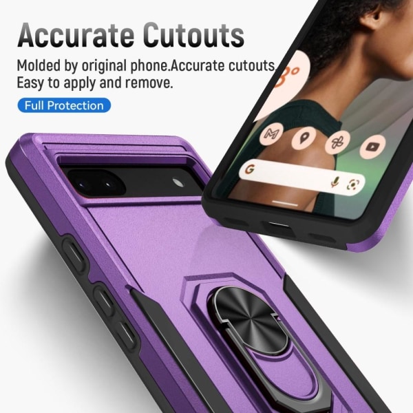 Google Pixel 6A Shockproof TPU + PC Kickstand Phone Case Car Mount Metal Sheet - Purple / Black Purple