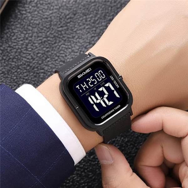 SKMEI Vandtæt Digitalt Armbåndsur Ur Belysning Stopur - Sort + Sort + Stål Black