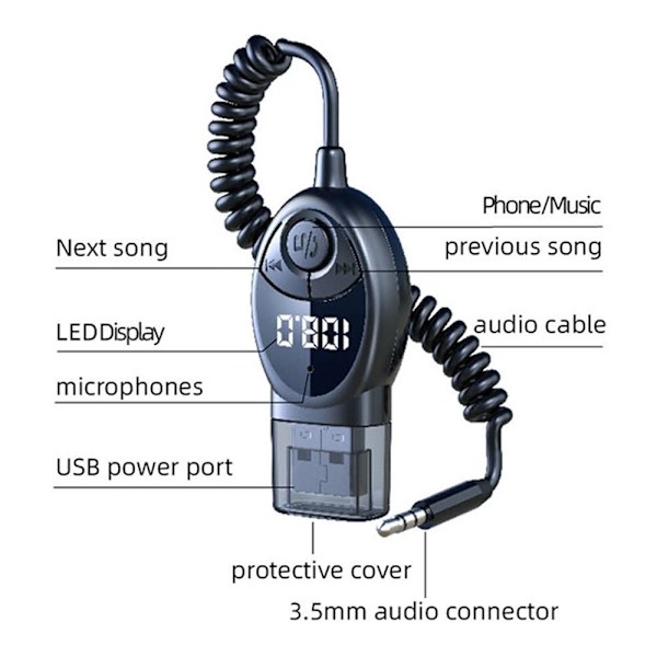 W8 Bil Audio Adapter Bluetooth-mottaker FM-sender med teleskopkabel Black