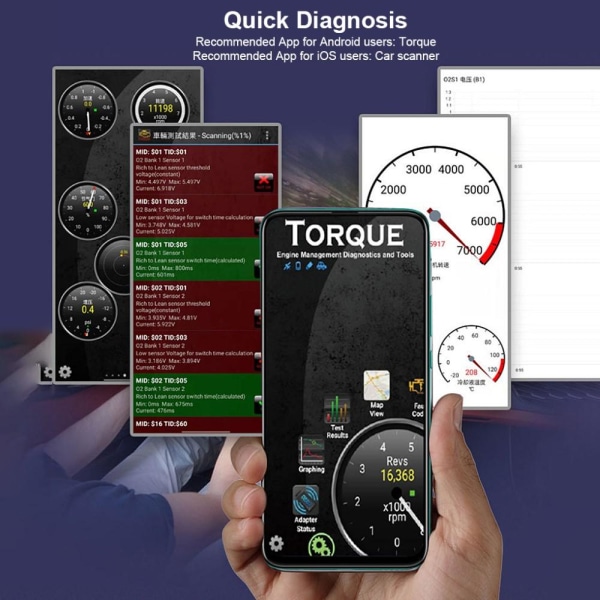 V019 OBD 2 för Diagnostik Bluetooth Felkod avkodare Felkodsläsare för bil Svart