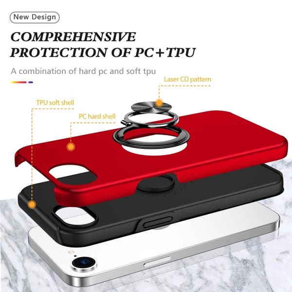 Til iPhone 17e / 16e Finger Ring Kickstand Hybrid Taske Red