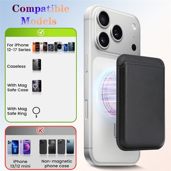 Slank magnetisk kortholder for iPhone 17, 16, 15, 14, 13 og 12 Black