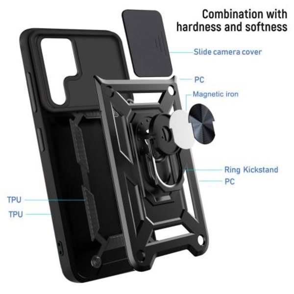 Samsung Galaxy S23 Ultra iskunkestävä TPU+PC Kickstand Puhelinkotelo Autoteline Metallilevy - Musta Black
