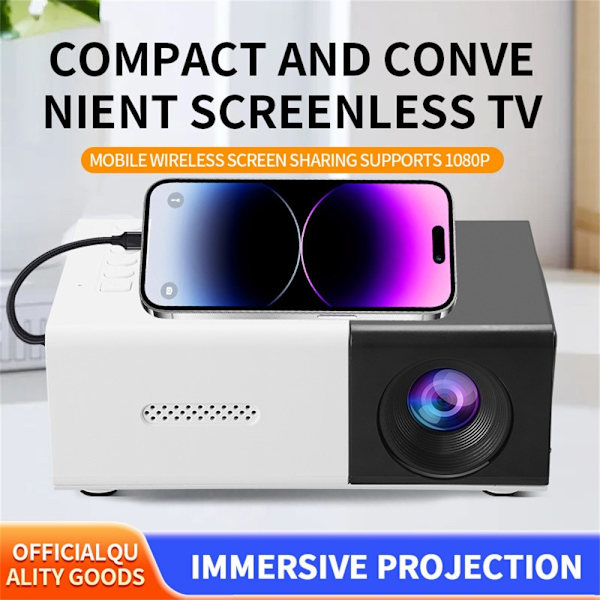 Projektor Hemmabio HD Bärbar LED-projektor Skärmspegling Stöder 1080P Vit