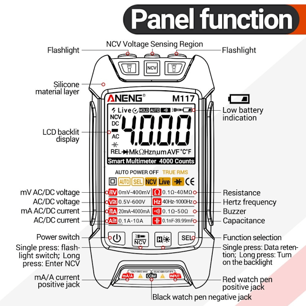 Multimeter Auto-Ranging Digital Tester Intelligent Multi Tester Svart