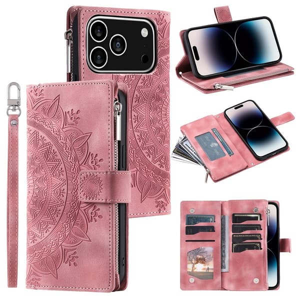 Pungetui kompatibelt med iPhone 17 Pro cover etui mandala blomstermønster Pink