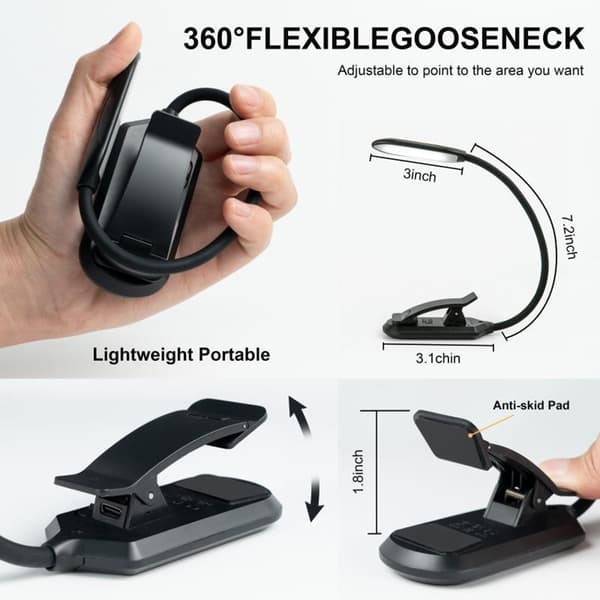 Lampe, læselampe, klemmebeslag, LED-lampe, 3 lystilstande, dæmpbar belysning Black