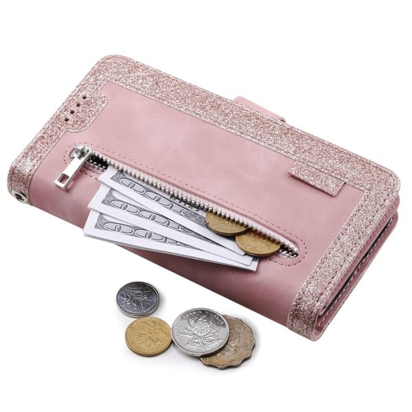 Til iPhone 17e / 16e Etui med Lynlåslomme og 9 Kortlommer Pink gold