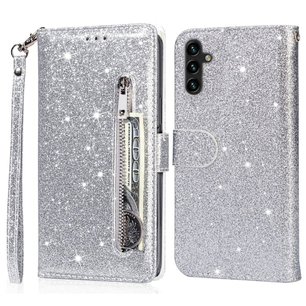 För Samsung Galaxy A56 5G Ställbart Glitterfodral med Dragkedjeficka - Silver Silver