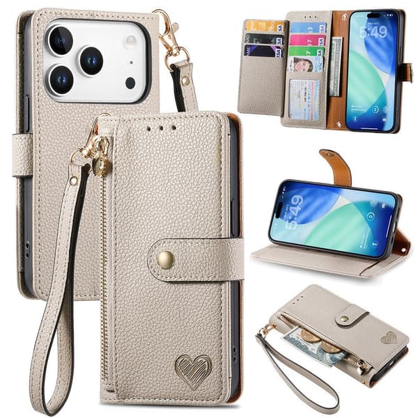 For iPhone 17 Pro Max Skal RFID-blockering Dragkedjeficka Plånboksfodral med Rem - Beige Beige