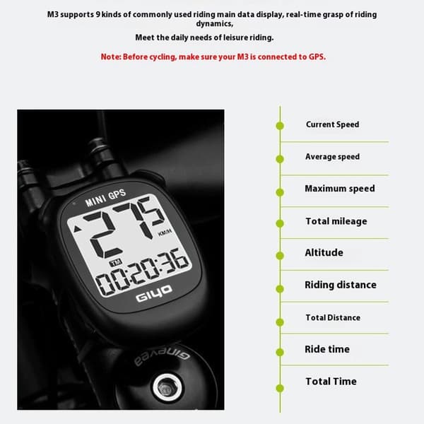 GIYO M3 Sykkelcomputer GPS Vanntett Trådløs Speedometer Kilometerteller Black