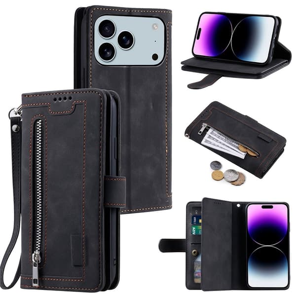 Til iPhone 17 Pro Max Etui med Lynlåslomme og 9 Kortlommer Black