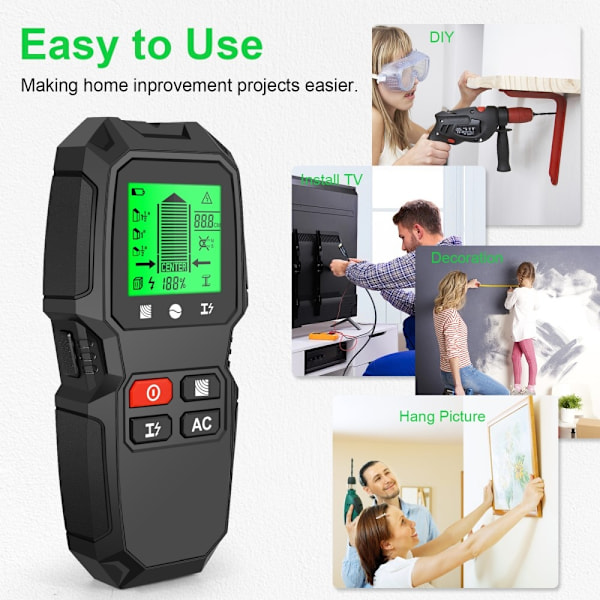 5 i 1 LCD Wall Stud Finder Edge Center Trä ström Metall AC Live Wire Detektor Svart
