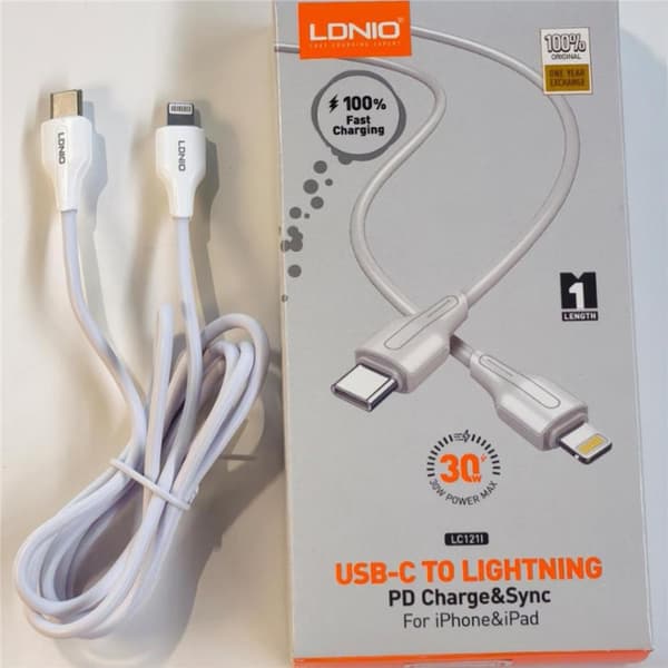 LDNIO 2 m USB-C till iPhone 5–14-kabel – 30 W PD/QC-snabbladdning och datakabel Vit