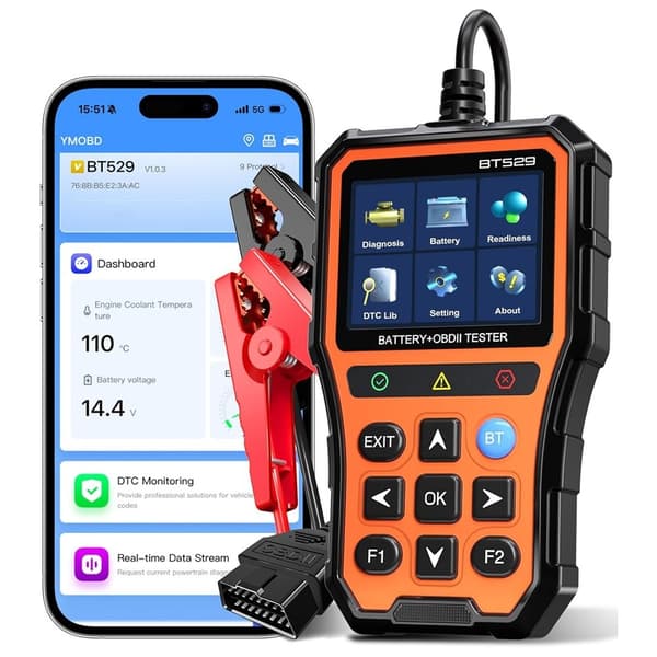 Bluetooth-tester for bilbatteri og OBDII-feilkodeleser med 2,8-tommers IPS-skjerm Black