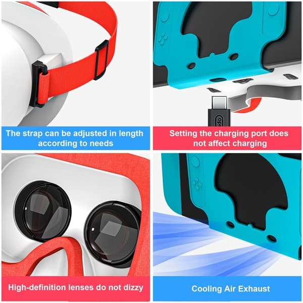 VR-headset med varmeavledende hodebånd og VR-briller kompatible med Nintendo Switch Blue