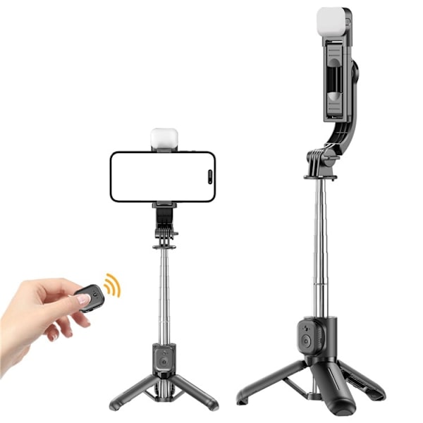 Selfie Stick Justerbart Stativ Bluetooth Selfiepinne Utdragbart med Fill Light Svart