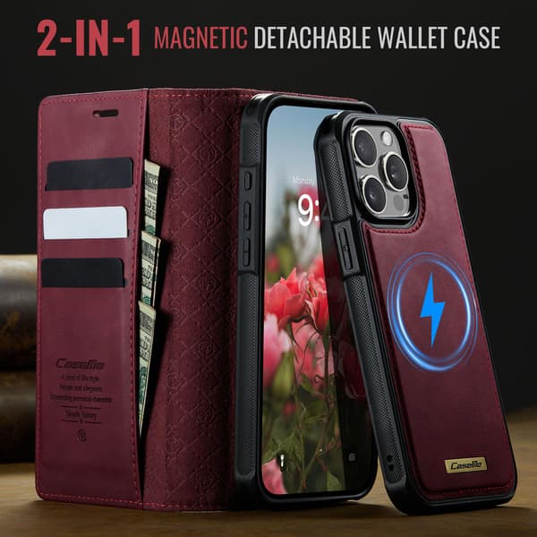 CASEME Til iPhone 15 Pro Lommebokdeksel Magnetisk Avtakbar RFID Beskyttelse Red