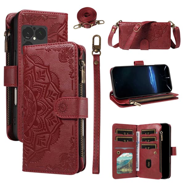 Lommebokdeksel med Mandala-mønster og Håndleddsstropp til Sony Xperia 1 VIII Wine red