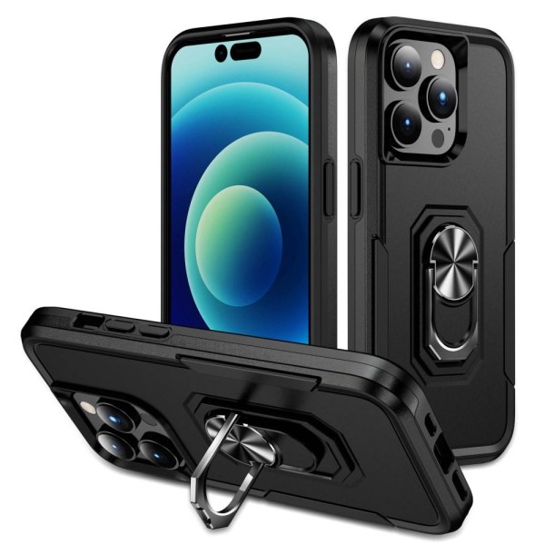 iPhone 14 Pro Max iskunkestävä TPU+PC Kickstand Puhelinkotelo Autoon kiinnitettävä metallilevy - musta Black