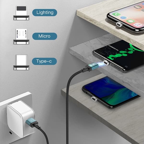 KUULAA 2m 3A Magnetisk Kabel USB-C / iP (5-14) / Micro USB 3-i-1 Opladning + Data Black