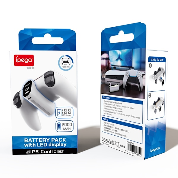 IPEGA til Sony PlayStation 5 Game Controller 2000mAh ekstern batteripakke White
