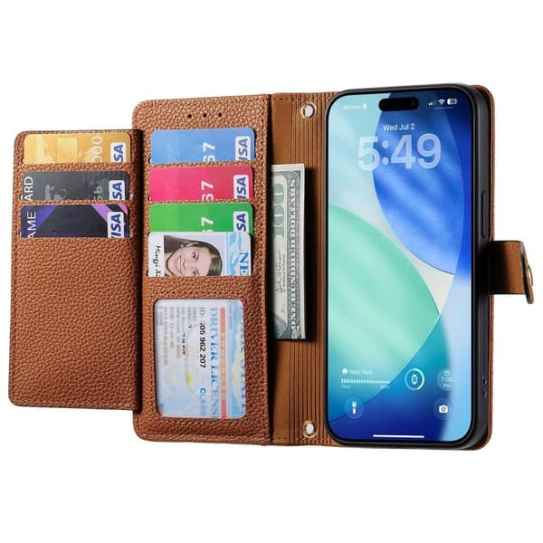 For iPhone 17 Pro Max Cover RFID-blokering Lynlåslomme Tegnebogsetui med Rem Brown