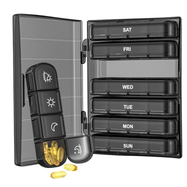 Weekly Pill Organizer 7-Day Portable 28 Grids Daily Pill Box Black