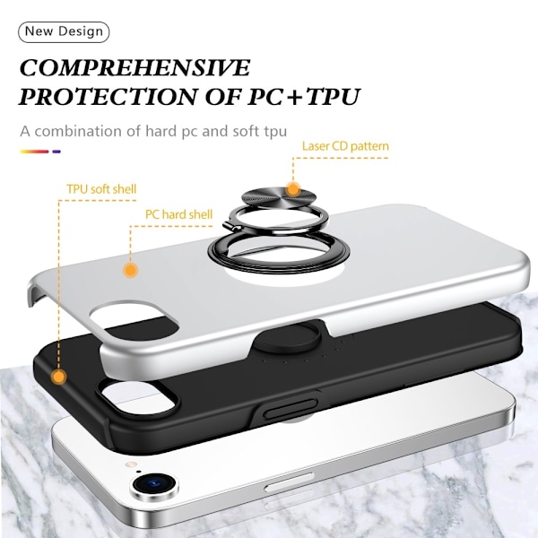 Til iPhone 16e Max Finger Ring Kickstand Hybrid Taske Silver