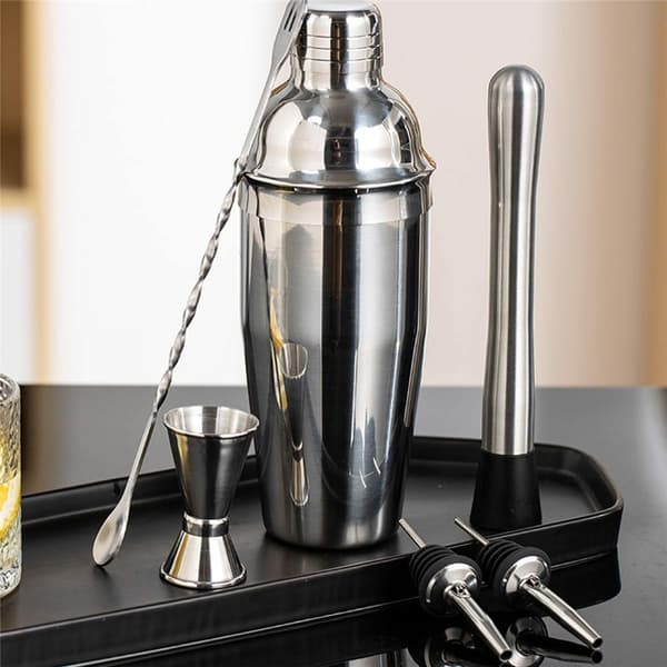 Cocktailset 7 delar shaker mått jigger muddler barsked hällpipar receptbok Silver