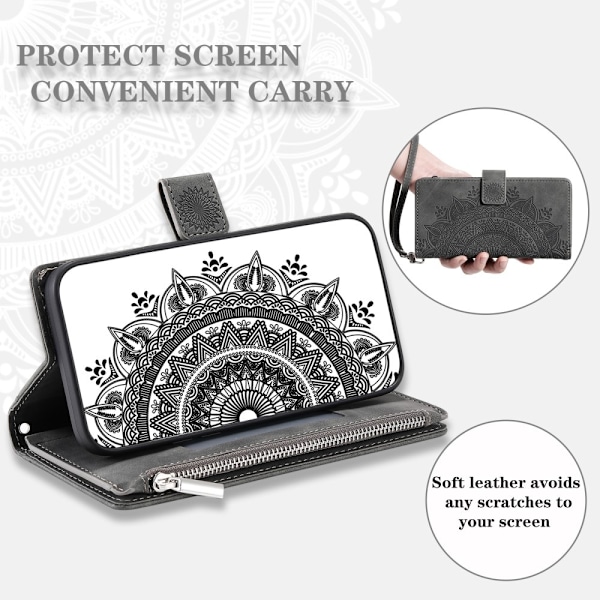 For Samsung Galaxy A56 Lommebok Deksel Shell Mandala Blomstermønster - Grå Grey