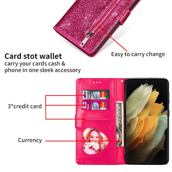 För Samsung Galaxy S25 Ultra Ställbart Glitterfodral med Dragkedjeficka Rosa
