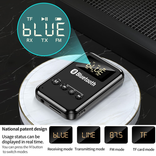 2-i-1 Bluetooth 5.0 mottagare sändare RCA 3,5 mm AUX FM-adapter Svart