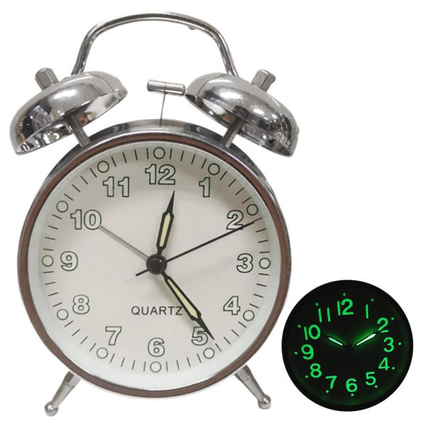 Retro Twin Bell Alarm Metal Shell Silent Clock med Lys Silver