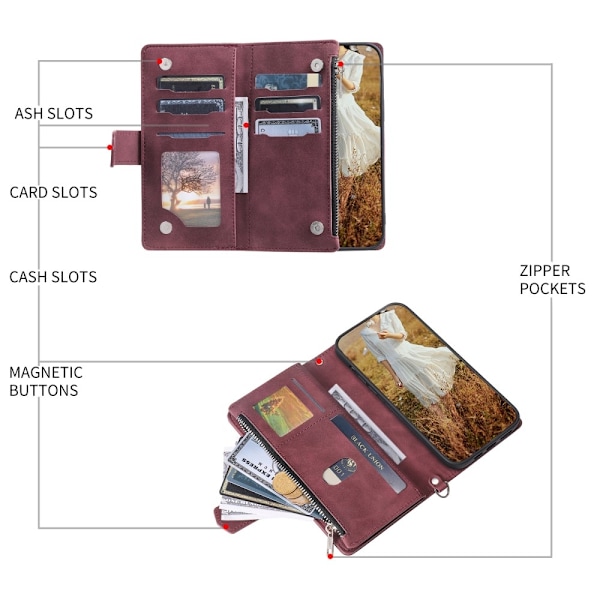 Xiaomi Redmi 14C Zipper Wallet Case Rhombus Stitching Line Puhelinsuojus Red