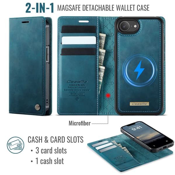 CASEME Til iPhone 17e / 16e  Lommebokdeksel Magnetisk Avtakbar RFID Beskyttelse Blue