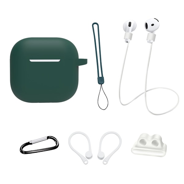 För AirPods 4  6 i 1 Tillbehör Fodral Rem Hållare Öronkrokar Nackrem Nyckelring - Gräs Grön
